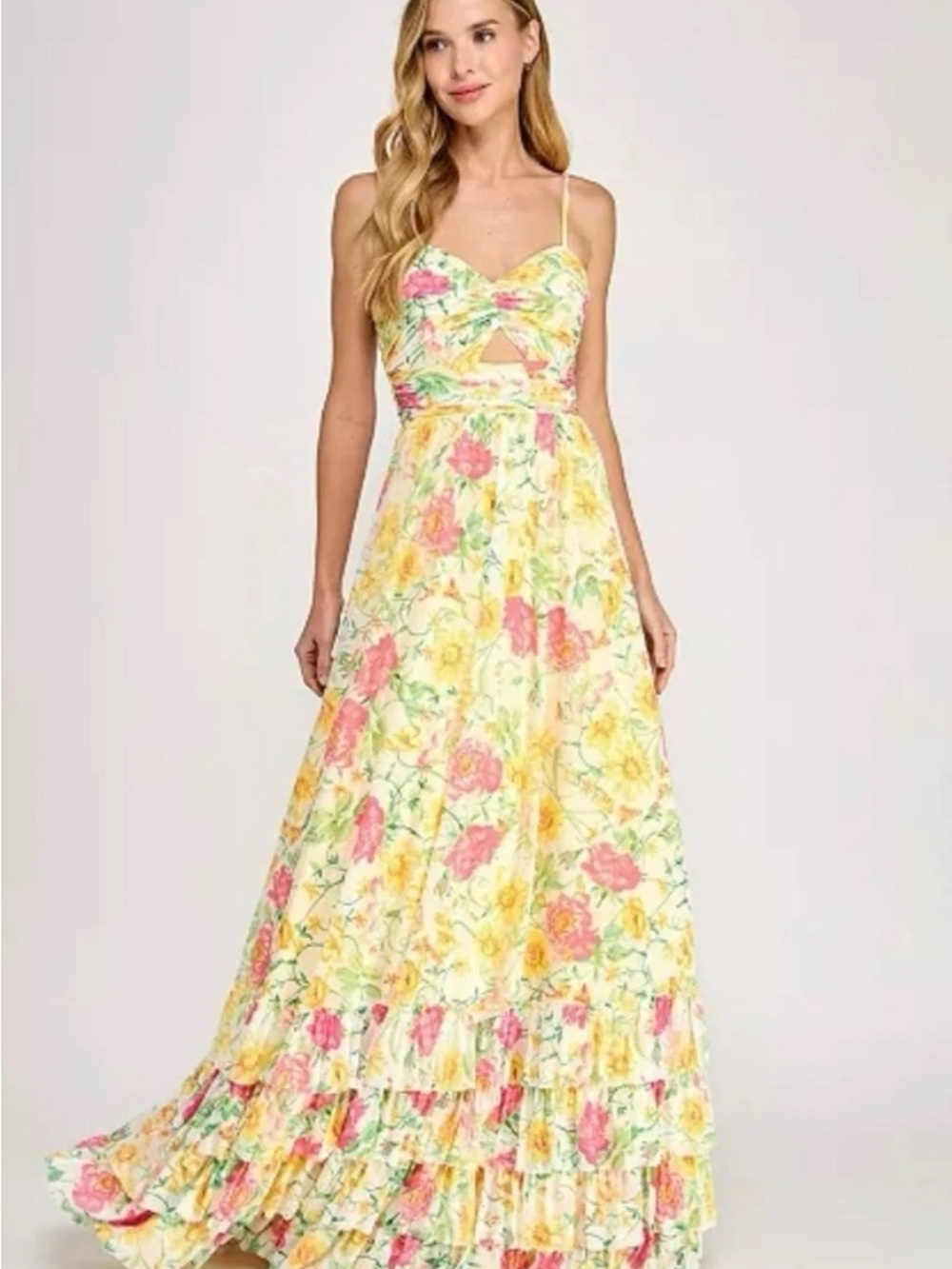 NWT Size 7 Floral Yellow Pink Maxi Dress with Spaghetti Straps